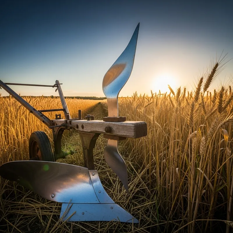 Vintage Wooden Plow and Wheat Stalks | Rustic Farming Scene