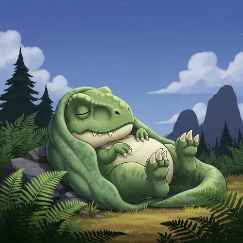 Sleeping Green T-Rex in Prehistoric Landscape - Mesmerizing Scene