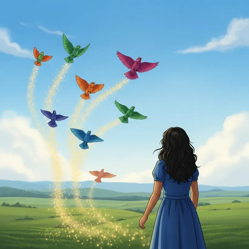 Birds of Hope | Happy Girl Watching Vibrant Birds in Serene Landscape