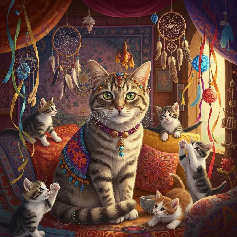 Wise Elderly Cat with Colorful Gypsy Roots