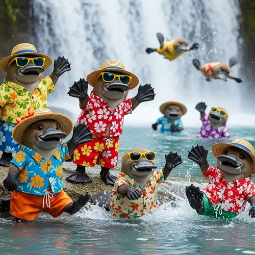 Charming Platypuses Beach Party by Waterfall