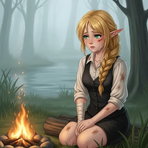 Elf Girl Crying by Swamp - Emotional Scene Captured in a Photo