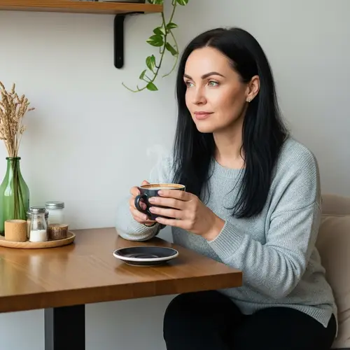 Calm Cafe Scene: Elegant Woman Enjoying Fresh Coffee