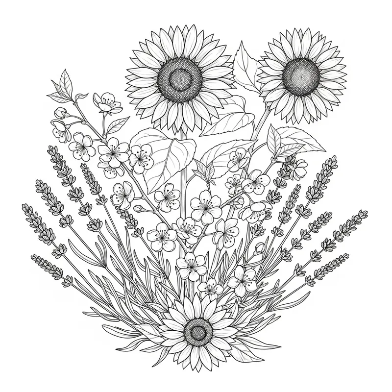Monochromatic Sketch of Lavender, Cherry Blossoms & Sunflowers Monochromatic Sketch of Lavender, Cherry Blossoms & Sunflowers