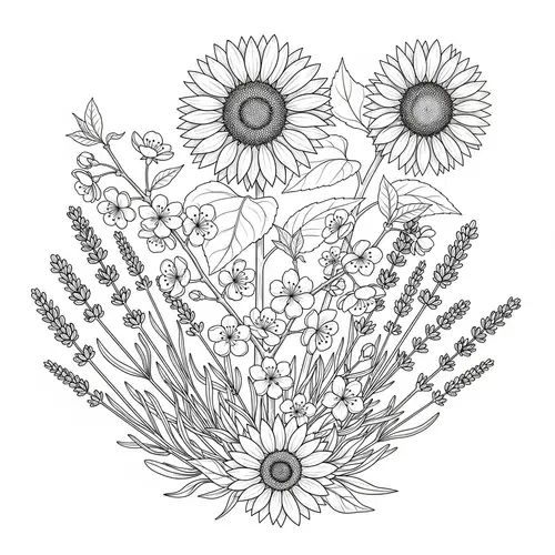 Black and White Lavender, Cherry Blossoms, and Sunflowers Sketch