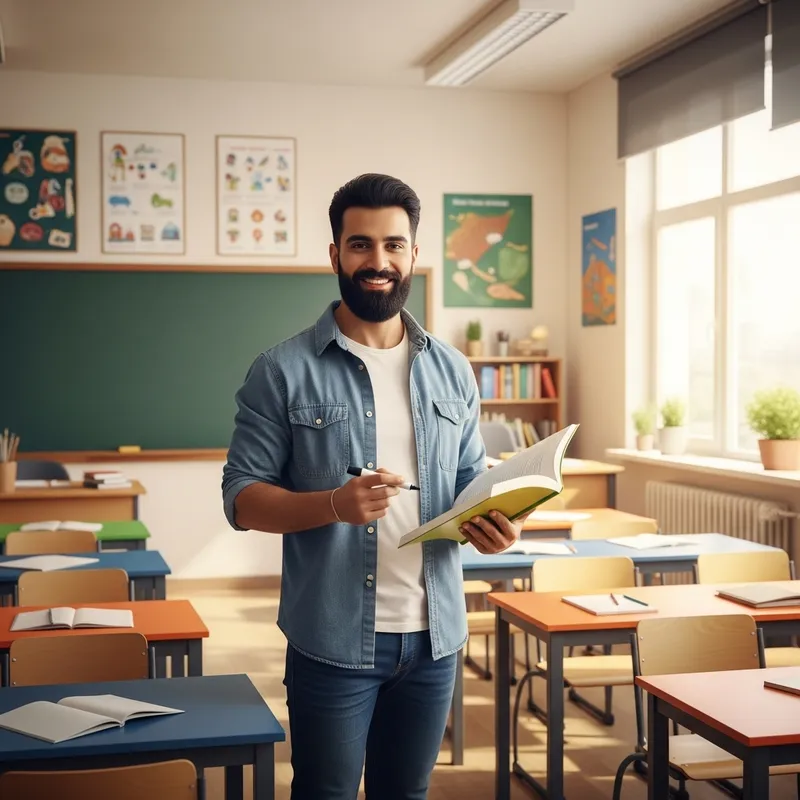 Handsome Teacher with Beard in Classroom | Educational Scene