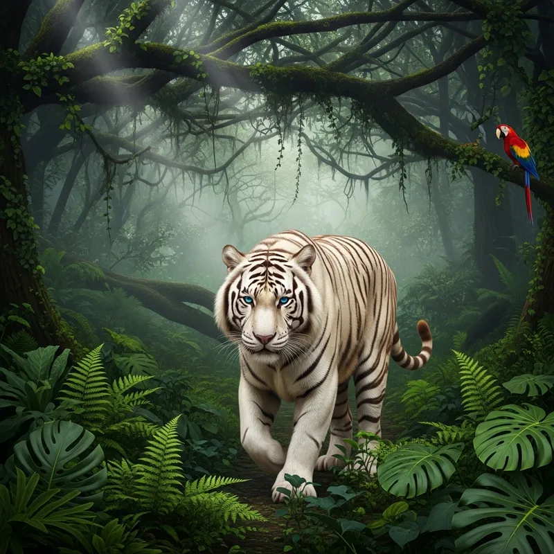 Majestic White Tiger Roaming in the Jungle