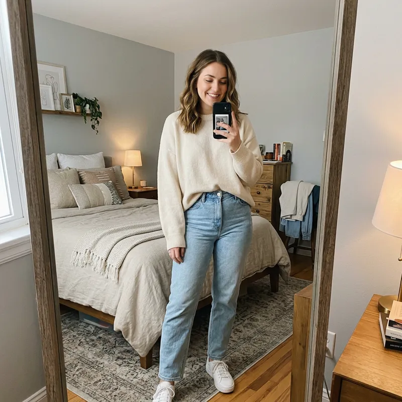 Beautiful Model Selfie in Bedroom Mirror