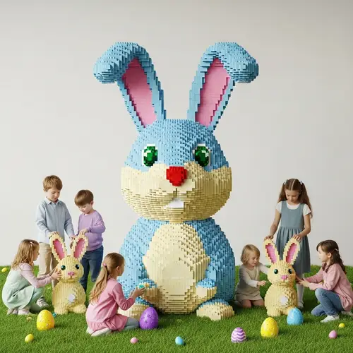 Colorful Easter Bunny Construction - Festive Pastel Scene