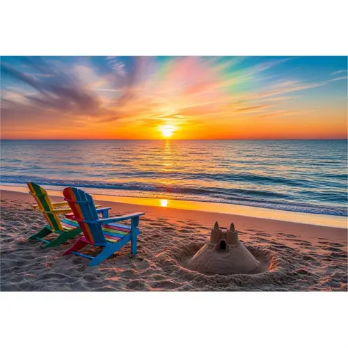 Serene Sunset Beach Scene | Orange & Pink Hues | Adirondack Chairs