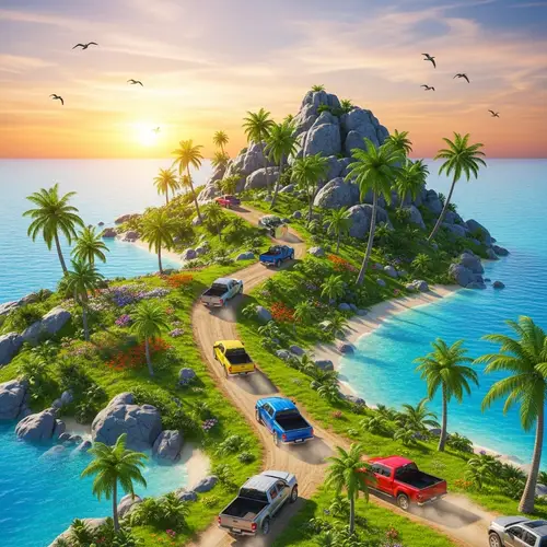 Vibrant Pickup Trucks & SUVs Cross Island | Tropical Adventure