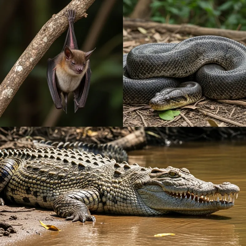Crocodile, Anaconda, and Bat - Majestic Wildlife Trio