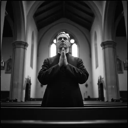 Solemn Priest in Dimly Lit Church | Spiritual Documentary Photography