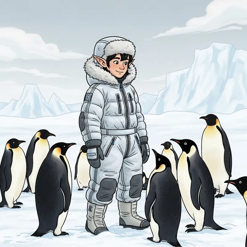 Adorable White Elf with Black Hair in Snowsuit with Penguins | Antarctica