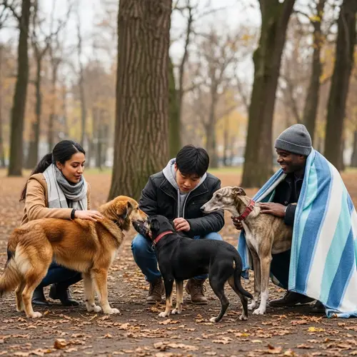 Kindness to Homeless Dogs in City Park - Diverse Individuals Showing Compassion