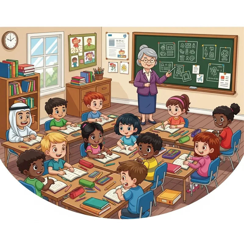 Colorful Classroom Setting with Diverse Students and Teacher Colorful Classroom Setting with Diverse Students and Teacher