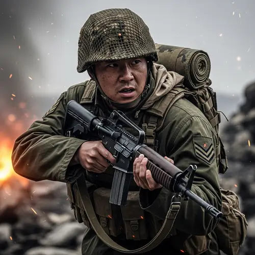 Asian Male Soldier in Hyper Realistic Battle Scene