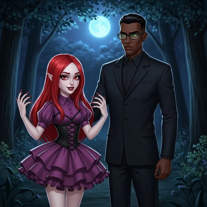 Fiery Demon Girl and Stern Black Suit Man in Night Forest
