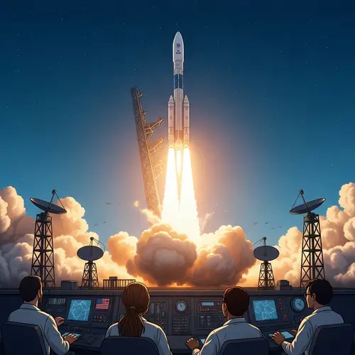 Rocket Launch Illustration with Diverse Team and Control Station