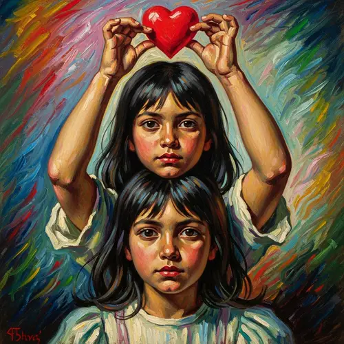 Young Hispanic Girl Holding Heart - Dynamic and Vivid Art