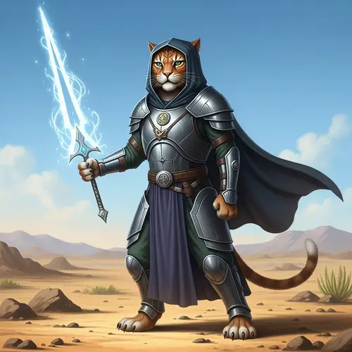 Warrior Feline on Barren Desert Landscape with Energy Blade