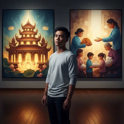 Vietnamese Man Contemplating Temple vs Charitable Work