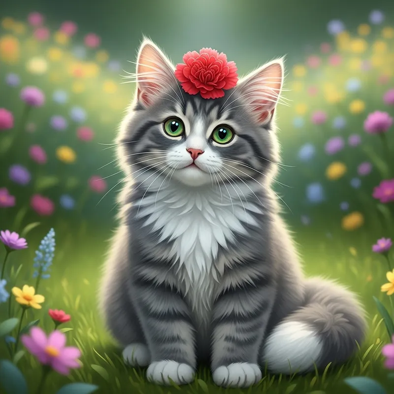 Adorable Fluffy Grey Cat with Red Carnation in Serene Garden