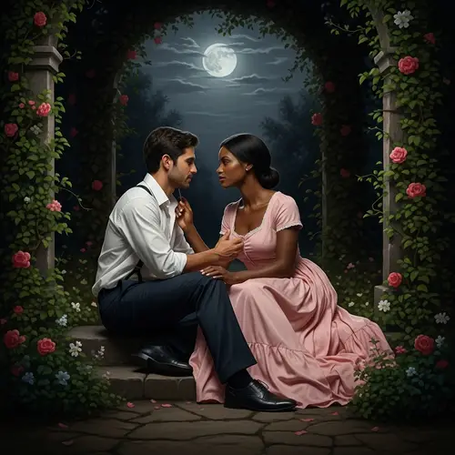 Moonlit Secret Romance: Hispanic and African Descent Lovers in Enchanting Garden