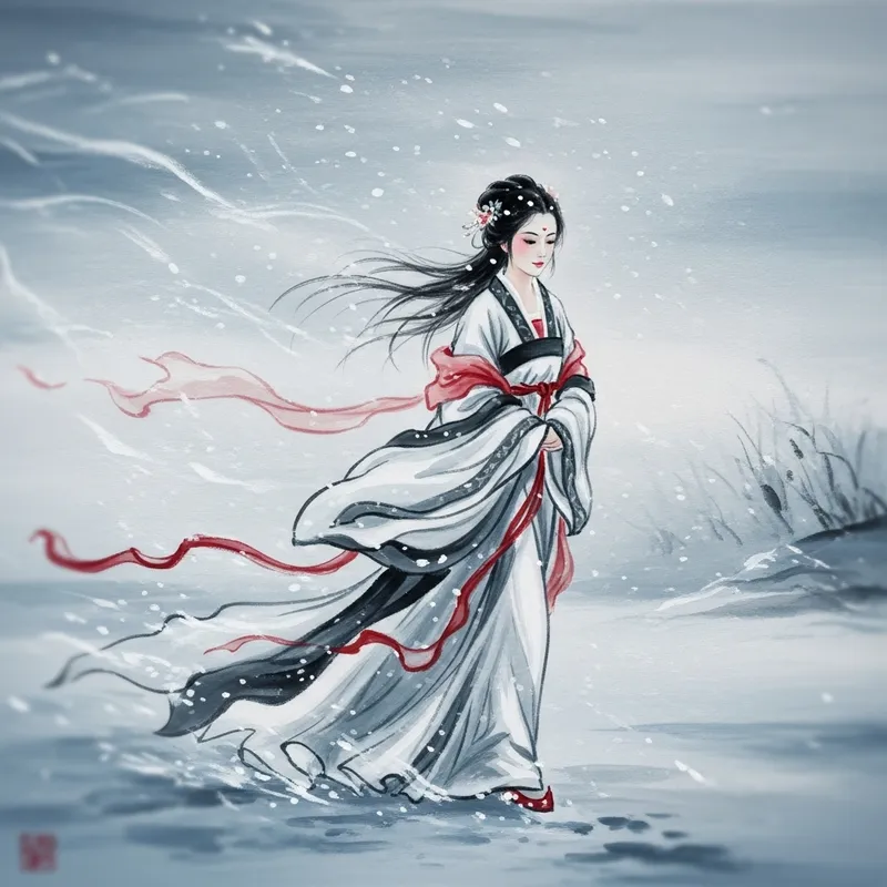 Ethereal Winter Portrait - Traditional Chinese Ink Painting Style