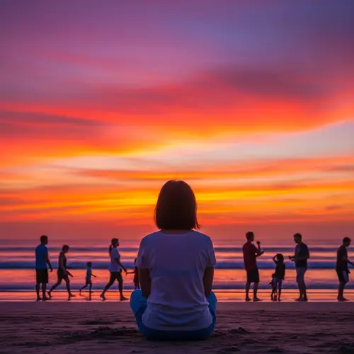 Tranquil Sunset Moment by the Beach with Woman of Asian Descent
