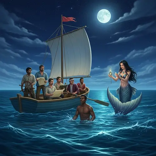 Enchanting Mermaid Captivates Diverse Sailors | Ocean Night Scene