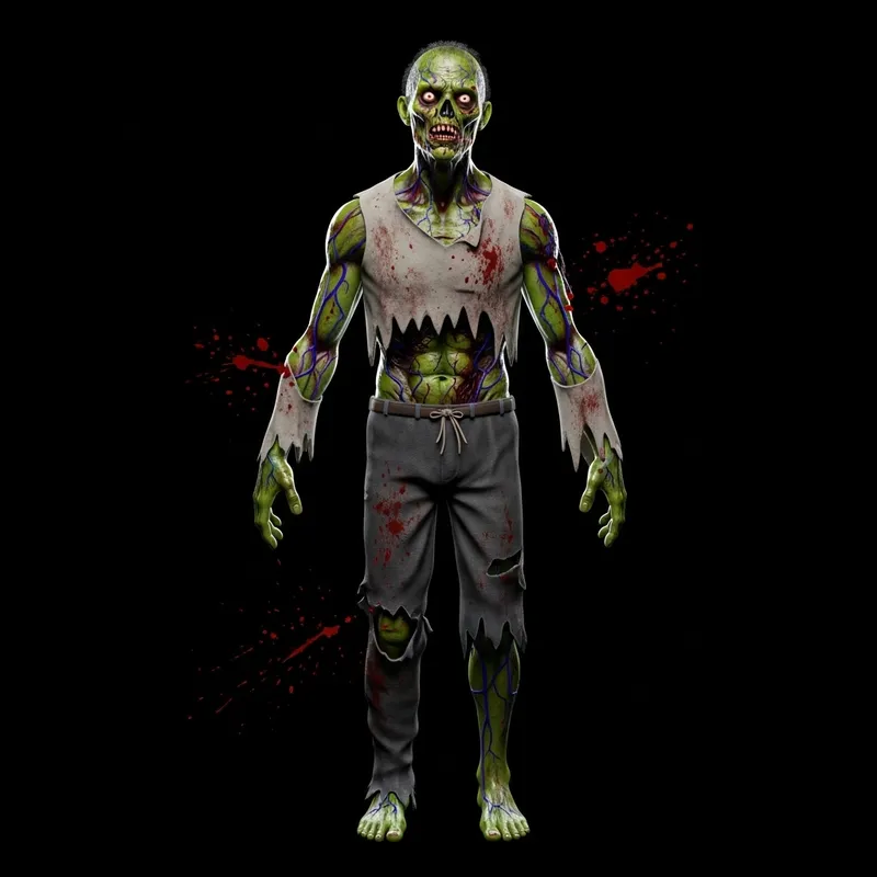 Eerie 3D Zombie with Green Skin and Veins - Haunting Realism Eerie 3D Zombie with Green Skin and Veins - Haunting Realism