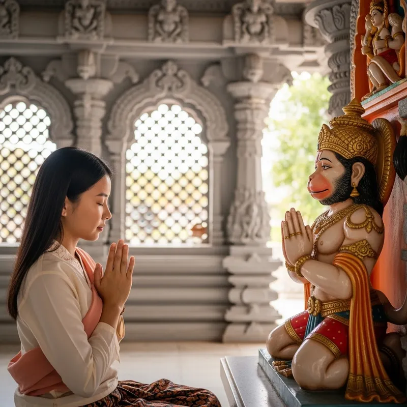 Devoted East Asian Girl Praying in Ornate Hanuman Temple