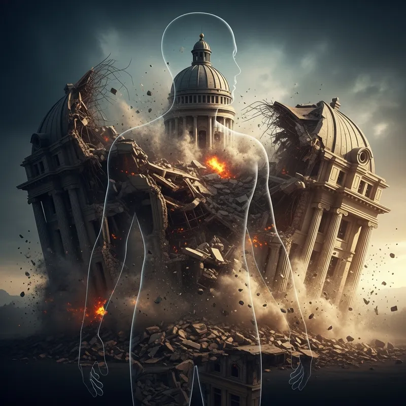 Human Silhouette with Crumbling Building Inside