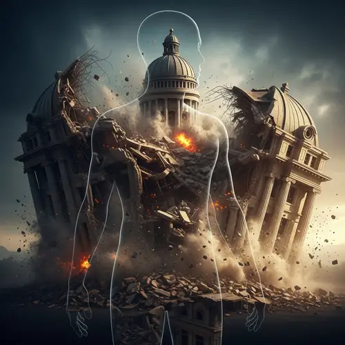 Human Silhouette with Crumbling Building Inside