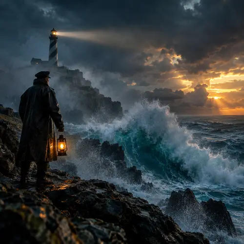 Lighthouse Keeper at Dusk: A Cinematic Masterpiece