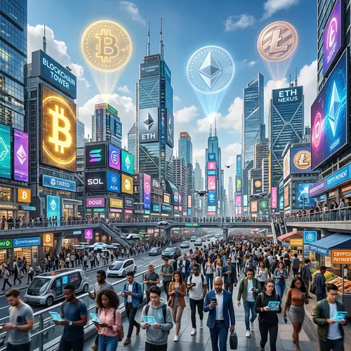 Futuristic Crypto-Powered Cityscape with Digital Currencies