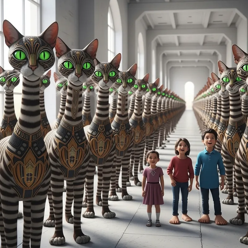 Glowing Green-Eyed Felines with Striped Fur in Art Deco Setting