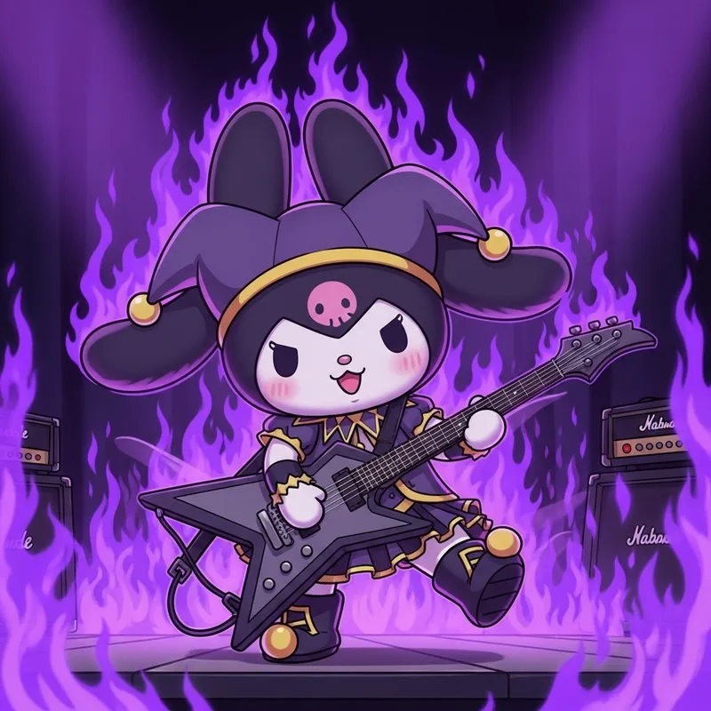 Kuromi Rabbit at Heavy Metal Concert with Purple Fire
