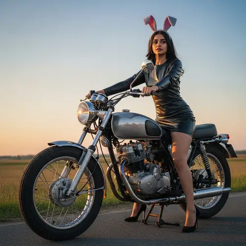 Bunny Girl in Leather Dress on Vintage Bike | South Asian Descent