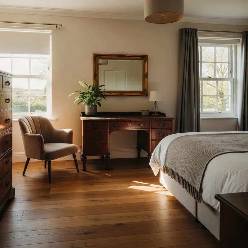 Cozy Bedroom with Antique Desk and Velvet Chair