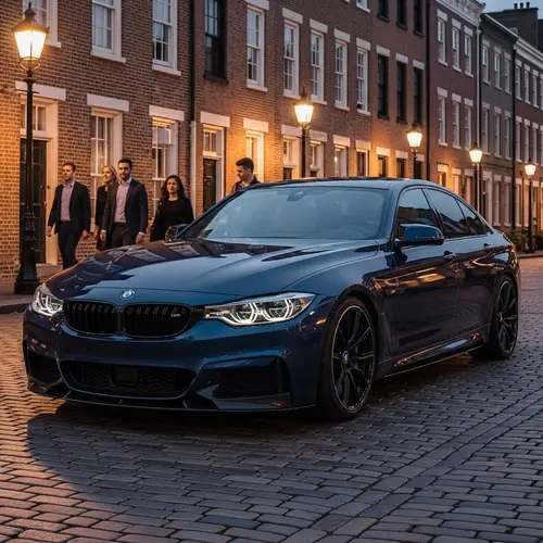 Midnight Blue BMW on Cobblestone Street | Luxury German Engineering