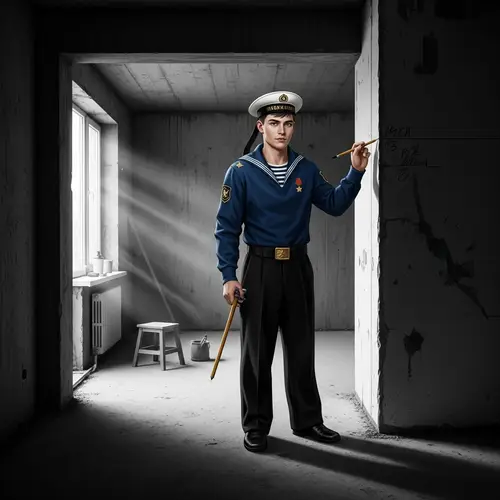 Vintage Sailor's Uniform in Renovated Apartment | Black-and-White Painting