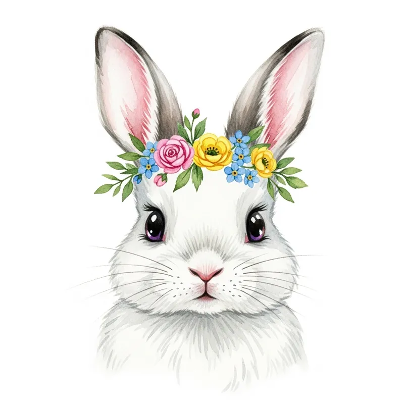 Charming Easter Baby Rabbit with Flowers - Detailed Watercolour Illustration