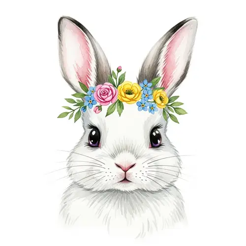 Cute Easter Baby Rabbit with Flowers - Watercolour Illustration