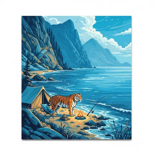Tranquil Marine Scene with Tent, Fishing Rod, and Majestic Tiger
