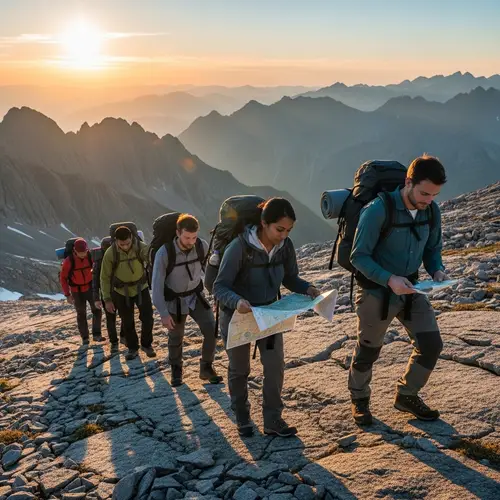 Diverse Explorers Crossing Craggy Mountain Range at Sunset