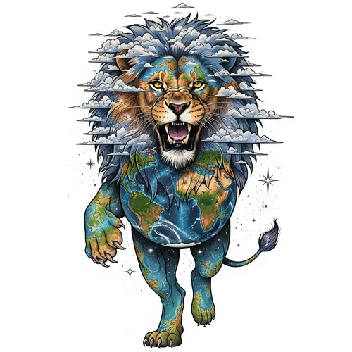 Lion & Earth Tattoo Design | Nature's Majestic Symbol
