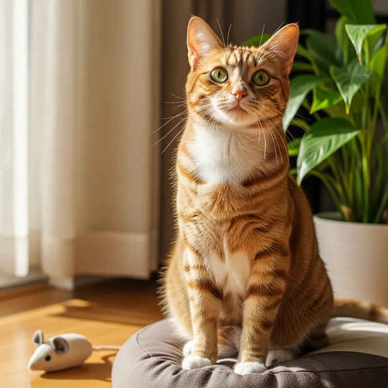 Striped Domestic Cat on Comfortable Cushion | Green Eyes