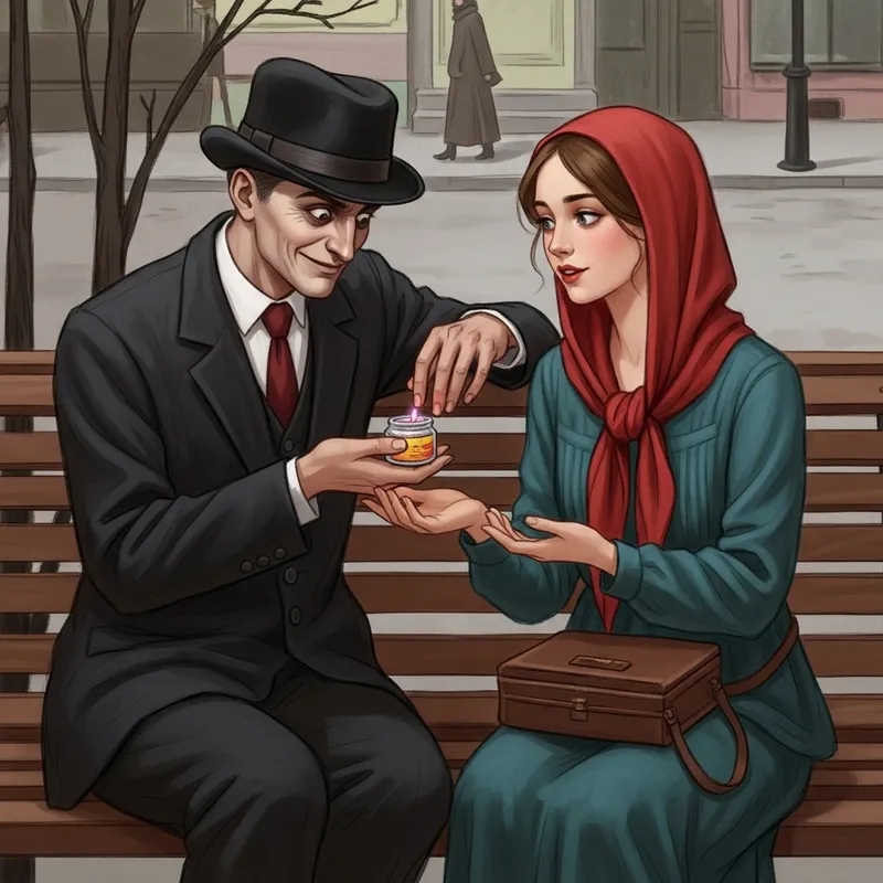 Azazello Giving Magical Potion to Margarita in 1920s Moscow